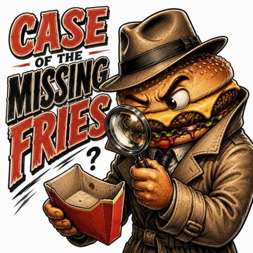 Detective dog investigating stolen fast food fries. Cartoon hound solving mystery of missing snacks with magnifying glass.