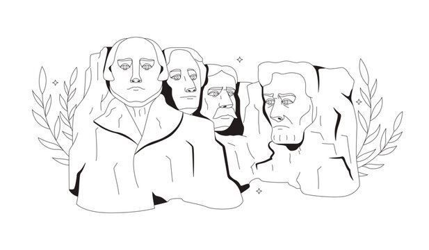 Mount Rushmore national memorial flat line illustration. Carved presidential sculptures. USA historic site. American landmark 2D outline object isolated. Black and white cartoon vector image