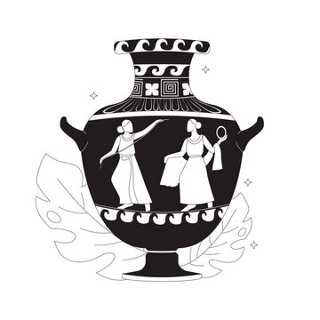 Ancient Greek amphora ceramic vase flat line illustration. Classical pottery with mythological motifs. Historical artifact hydria 2D outline object isolated. Black and white cartoon vector image