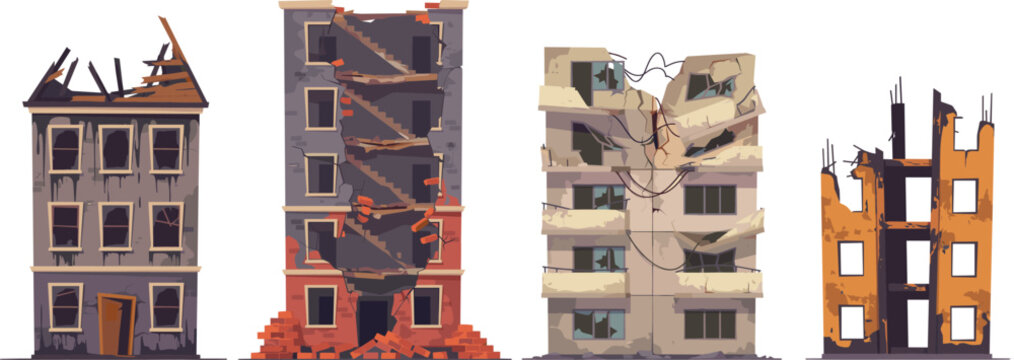 Ruined and Destroyed City Building Set Showing Earthquake Damage War Catastrophe Urban Apocalypse and Broken Concrete Structures Vector Illustration