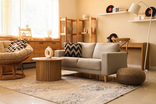 Interior of stylish living room with sofa, armchair and vinyl disks