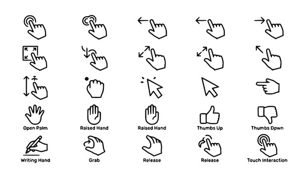 Minimal black and white hand icons pack with touch gestures user interface and navigation symbols vector isolated on white background