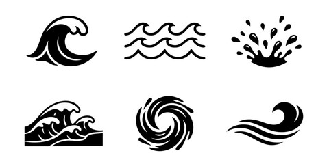 Naklejka premium Collection of black and white ocean wave icons, water splashes, and sea vortex symbols for design elements
