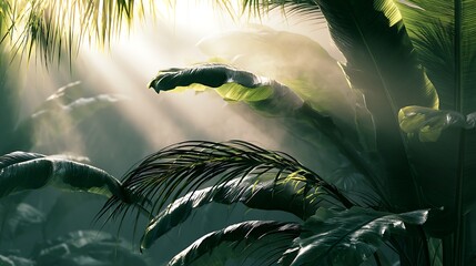 Naklejka premium tropical jungle with sunbeams shining through palm leaves