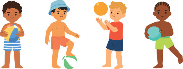Diverse Little Boys Character Set Playing with Beach Balls and Wearing Swimsuits for Summer Vacation Holiday Isolated Vector Illustration