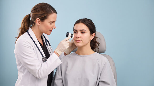 A female dermatologist in a white coat uses a dermatoscope to examine the skin on the face ad social media download thambnail poster web template event festival 2026 2027 2028