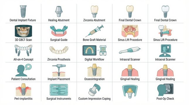 The diagram highlights tools and procedures in dental implant surgeries, including consultations for optimal patient care.