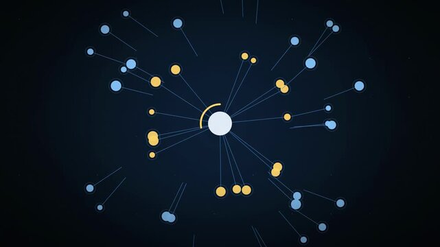 Abstract animated knowledge graph growing new links drawn as blue and cyan glowing lines and dots on a deep dark background. Clean minimal motion graphics element with free space around it, ideal for 