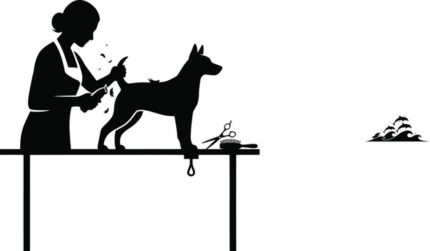 Black silhouette of a dog groomer using clippers to trim a dog on a grooming table with scissors and brushes nearby
