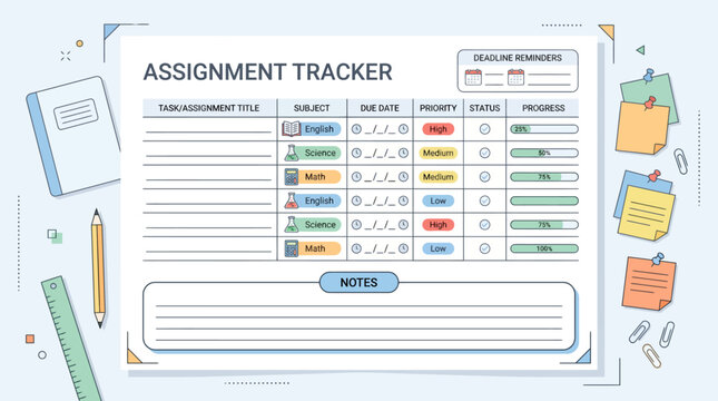 Hand-drawn assignment tracker vector illustration with school supplies, notes, and study planner layout