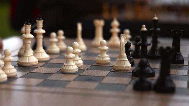 White knight advances across wooden chessboard toward black pawn with clustered white pieces, warm daylight bokeh, shallow focus, quiet strategic tension, with chess, board, knight, pawn detail