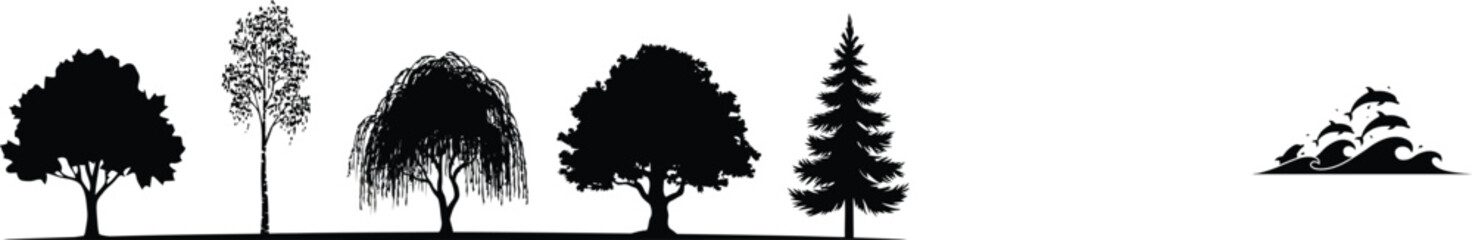 Fototapeta premium Collection of various tree silhouettes including maple, birch, willow, oak, and pine isolated on a white background, for nature