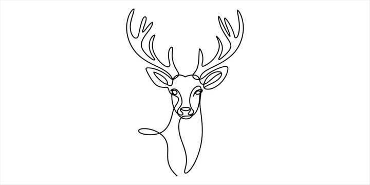 Minimalist continuous single line drawing of a deer head with large antlers in a simple artistic style for modern wall art and creative graphic design
