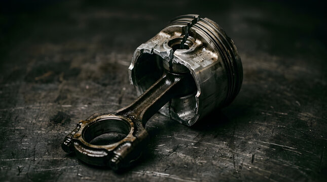 A heavy-duty metal engine piston and connecting rod resting on a dark, dirty workbench