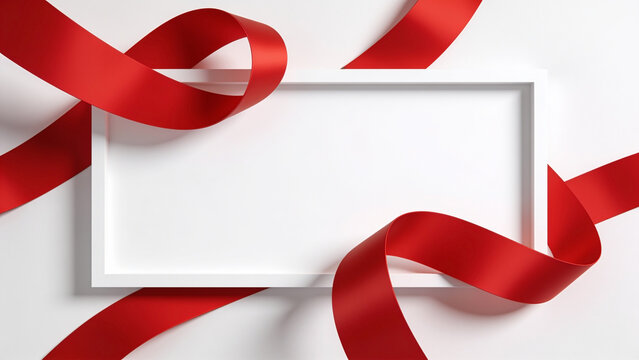 Red ribbon curls around a clean white frame