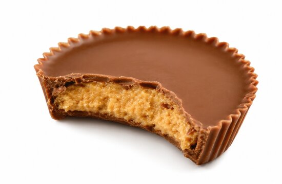 Chocolate Peanut Butter Cup with Bite Mark Isolated on White Background Delicious Confectionery Treat