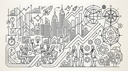 Fototapeta premium Detailed line art illustration representing business growth, strategy, and corporate success in a modern city