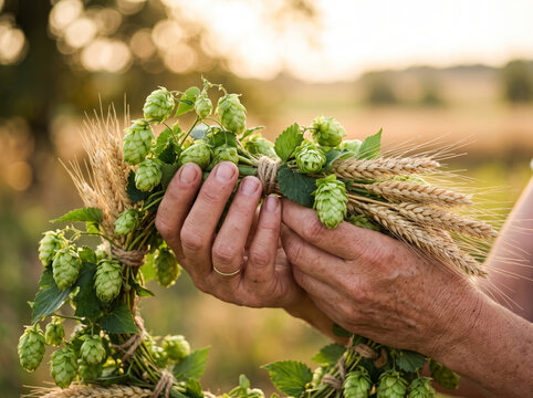 Hands Holding Wreath of Fresh Green Hops and Wheat