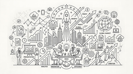 Fototapeta premium Business strategy sketch illustration with rocket launching, growth charts, teamwork, and financial icons for marketing and enterprise concepts