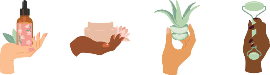 Natural Cosmetics and Skincare Concept Set with Diverse Hands Holding Dropper Bottle Jade Roller Cream Jar and Aloe Vera Vector Illustration © Sanjida Creative