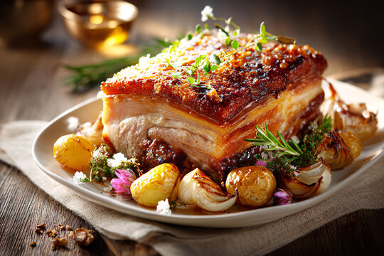 Authentic Spanish roasted suckling pig with crispy skin served alongside roasted baby potatoes and garlic