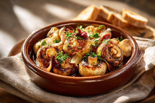 Authentic Spanish garlic mushrooms cooked with olive oil, herbs and roasted garlic in a rustic clay dish