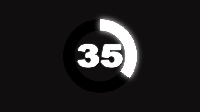 Simple animation of 45 seconds countdown timer circle on black background, 4 k animation