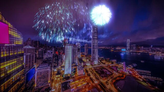 3d render firework A high-resolution cinematic 3D render capturing an awe-inspiring fireworks display over a dynamic cityscape at night