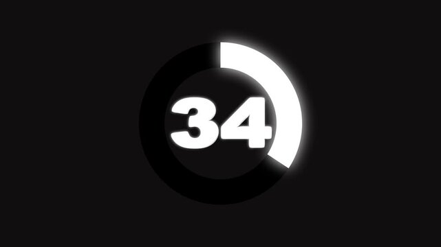 Simple animation of 40 seconds countdown timer circle on black background, 4 k animation