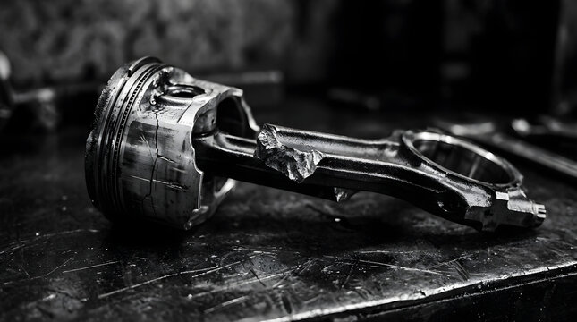 Damaged car engine piston and connecting rod lying on a dark workshop workbench, black and white industrial mechanical photography