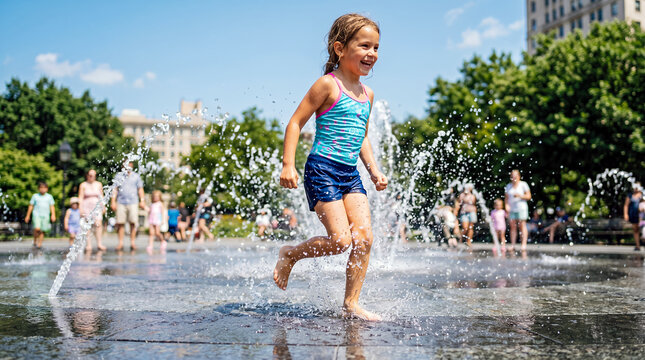 Carefree little girl running through splashing water fountain in sunny urban park, joyful summer childhood outdoors activity in city splash pad park background recreation concept photo