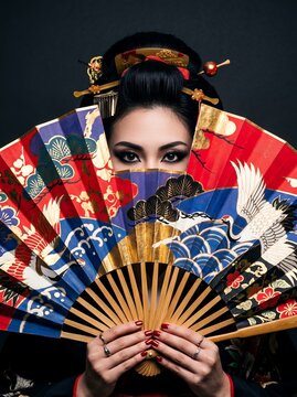 Beautiful Japanese geisha woman holding colorful traditional folding fan in front of face, dramatic portrait with traditional hairstyle, ornate hairpins and kimono outfit photo concept