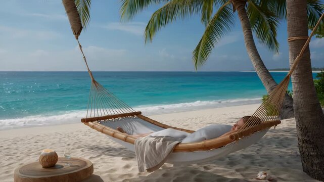 Hammock with blanket hanging between palms on sandy beach