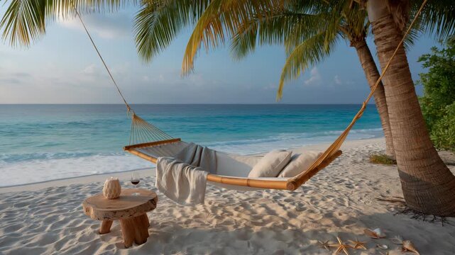 Hammock with pillows and blanket between palms on sandy shore