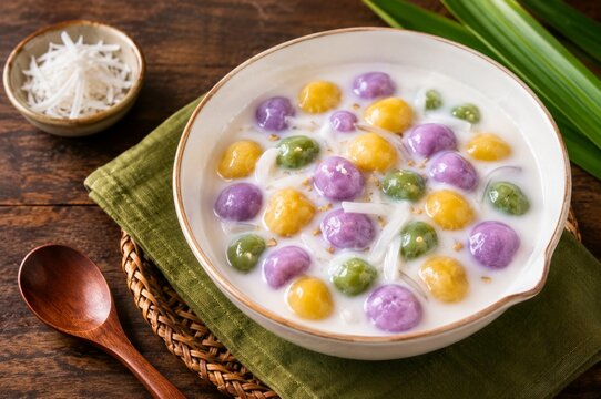Traditional Thai Bua Loi Rice Dumplings with Coconut Milk Cream Dessert Thailand Cuisine