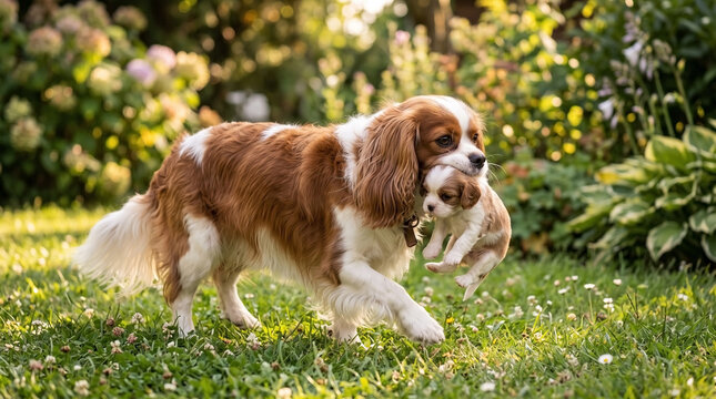 Cavalier King Charles Spaniel Mother Dog Gently Carrying Puppy in Lush Green Garden for Pet Blogs, Animal Welfare Content, and Family Life Awareness