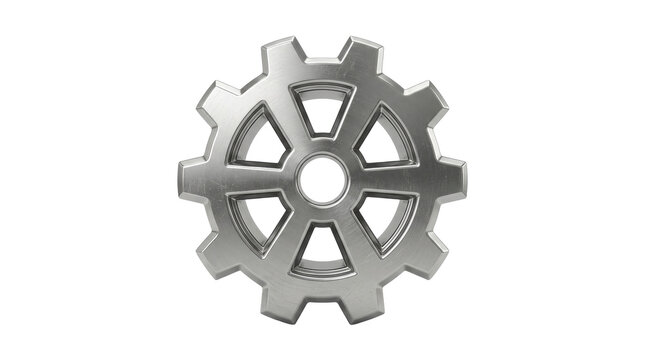 Metallic Gear Symbol: A polished metallic gear, a symbol of industry and engineering, isolated on a clean white background.