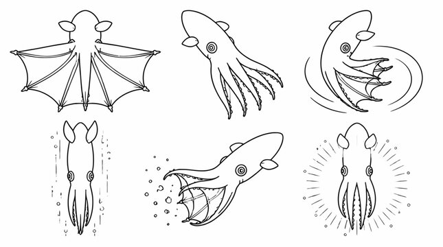 Vampire Squid Set in Outline Style, Marine Creature Collection