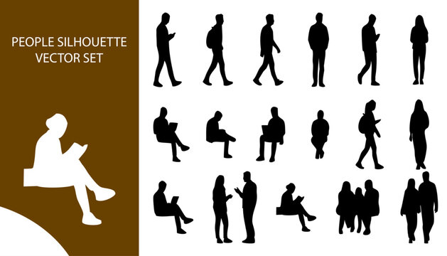 People silhouette vector set featuring men and women walking, sitting, reading books, using laptops and smart phones, talking, and standing in various casual poses
