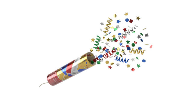Confetti Cannon Blast: A colorful party popper explodes, showering the air with a vibrant mix of confetti and streamers, perfect for celebrating any festive occasion.