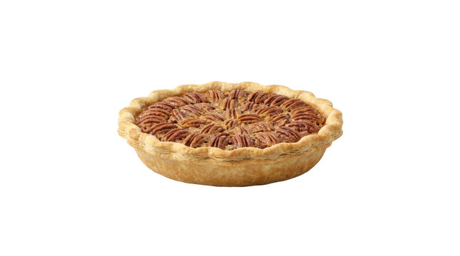A Pecan Pie Delight: A delicious, golden-brown pecan pie sits isolated, showcasing its flaky crust and rich, nutty filling, a perfect treat for any occasion.
