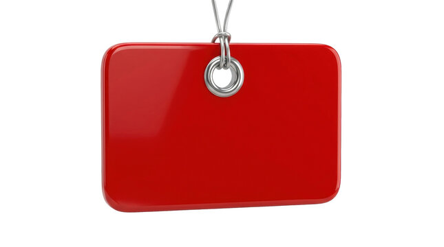 Blank Red Tag: A polished red tag, designed for customization, hangs from a silver ring, awaiting its message. Perfect for price, sale, or informational displays.