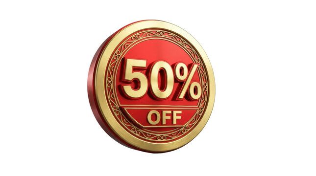 50% Off Sale Emblem: A striking red and gold emblem signifying a 50% off discount, perfect for promotions and marketing campaigns.