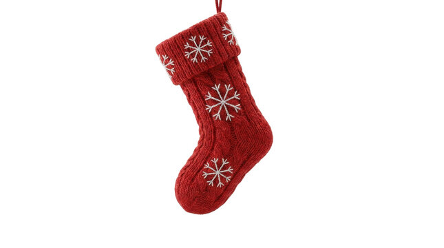 Festive Christmas Stocking: A traditional red knitted Christmas stocking adorned with intricate snowflake patterns, ready to be filled with holiday cheer.