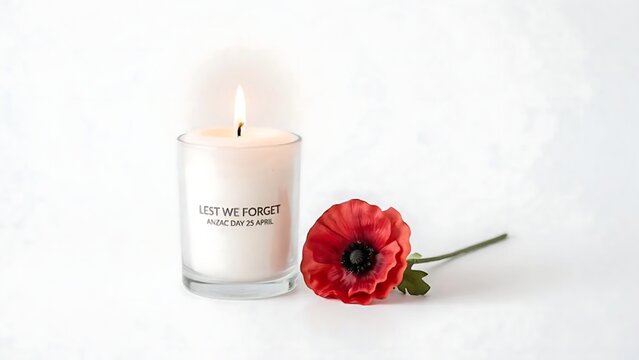Lit candle with " Lest We Forget" and poppy on white background