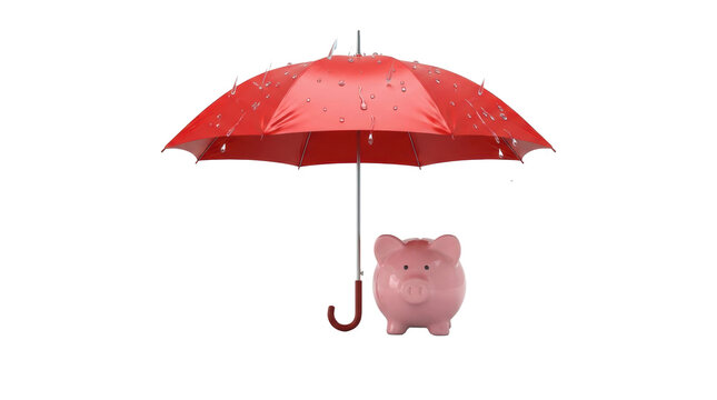 Financial Safety Net: A pink piggy bank rests securely beneath a vibrant red umbrella, symbolizing protection and security for savings.