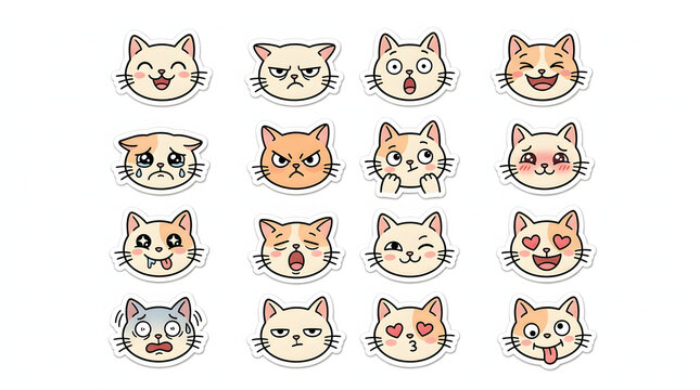 Cute cartoon cat emoticon sticker set with various facial expressions and emotions showing happiness, sadness, anger, and love in vector illustration style