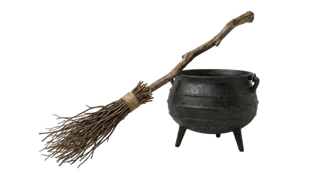 Witch's Cauldron and Broom: A rustic wooden broom with a twig handle rests beside a cast-iron cauldron, suggesting a magical concoction or ritual.