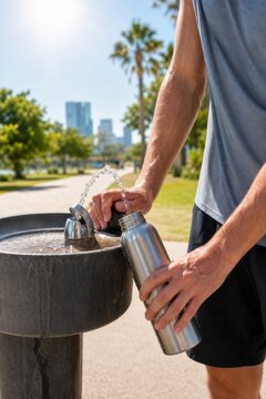 Young person filling reusable metal water bottle from outdoor public drinking fountain in sunny urban park, eco-friendly hydration concept