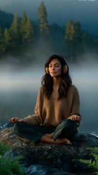 Woman meditating with headphones seated on rock near foggy lake